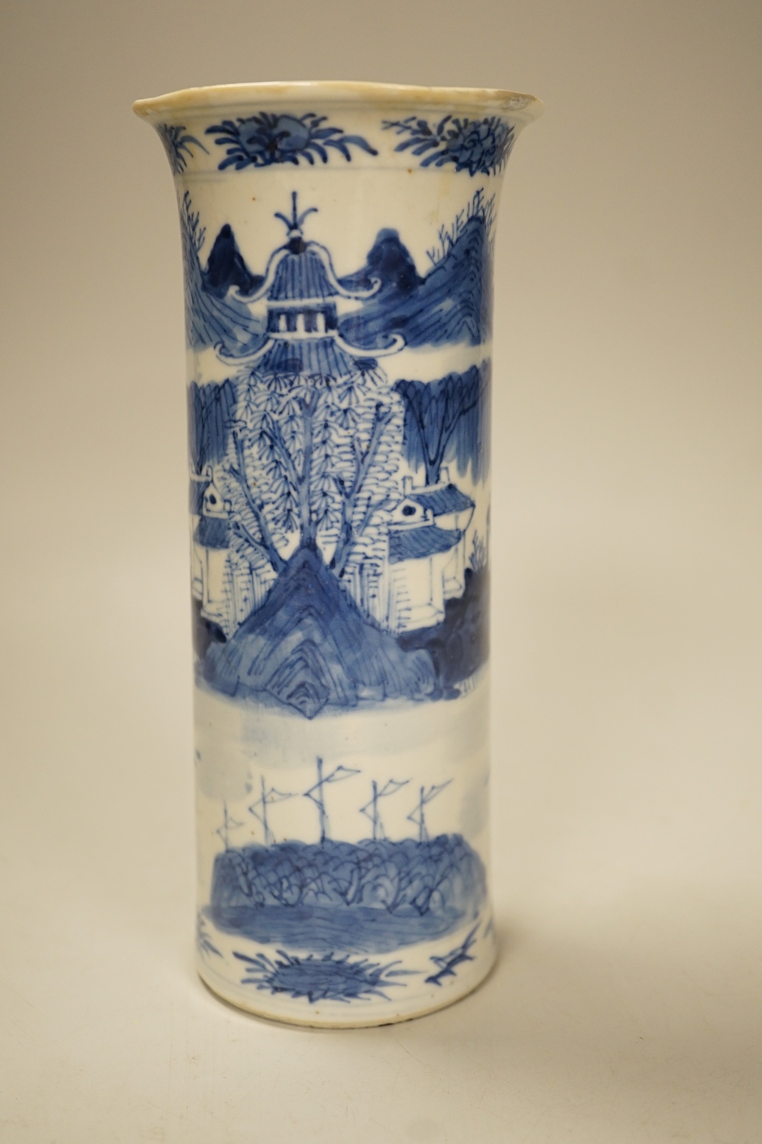 A Chinese blue and white sleeve vase, c.1900, 20cm tall